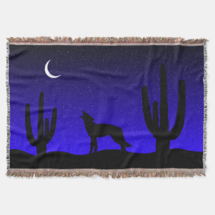 Howling Wolf Desert Night Silhouette Throw Blanket