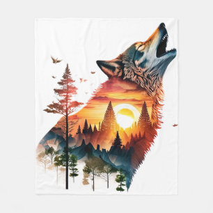 Howling wolf double exposure sunset fleece blanket
