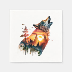 Howling wolf double exposure sunset napkin