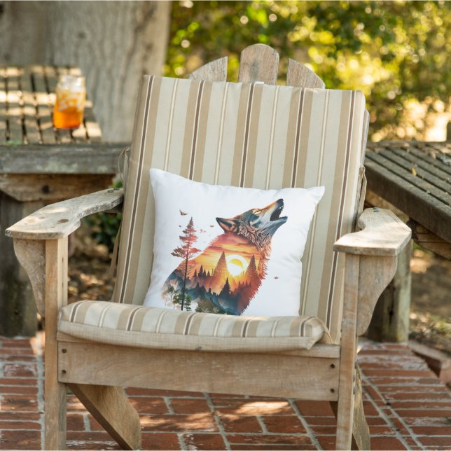 Howling wolf double exposure sunset outdoor pillow (Chair)