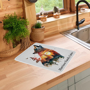 Howling wolf double exposure sunset personalized cutting board