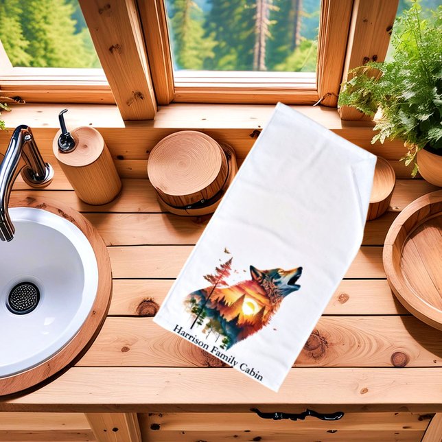 Howling wolf double exposure sunset personalized hand towel (Creator Uploaded)