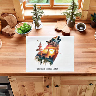 Howling wolf double exposure sunset personalized kitchen towel
