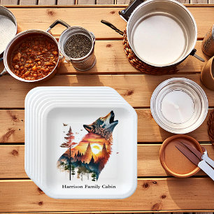 Howling wolf double exposure sunset personalized paper plate