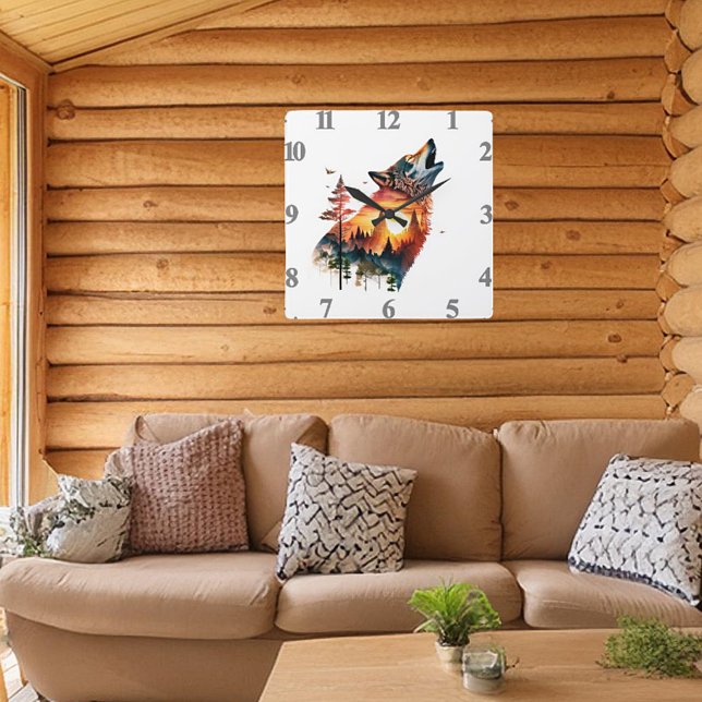 Howling wolf double exposure sunset square wall clock (Creator Uploaded)