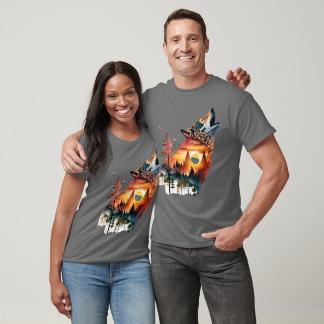 Howling wolf double exposure sunset T-Shirt (Unisex)