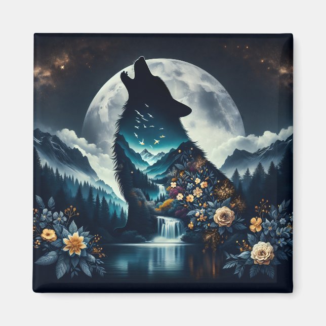 Howling Wolf | Full Moon Ai Art Magnet (Front)
