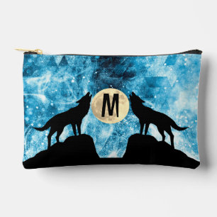 Howling Wolf Full moon blue black Custom Monogram Accessory Pouch