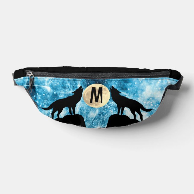 Howling Wolf Full moon blue black Custom Monogram Fanny Pack (Lay Down)