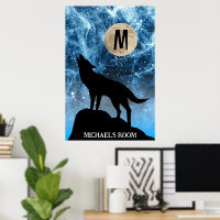 Howling Wolf full moon blue black Custom Monogram