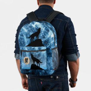 Howling Wolf full moon blue black Custom Monogram Printed Backpack