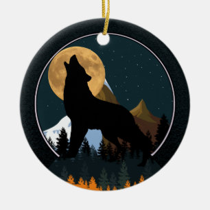 Howling Wolf Full Moon Ceramic Ornament