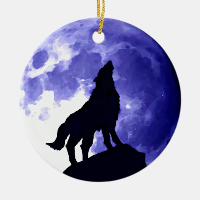 Howling Wolf & Fullmoon Ceramic Ornament (Front)