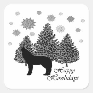 Howling Wolf Happy Howlidays Leopard Pattern Snow Square Sticker