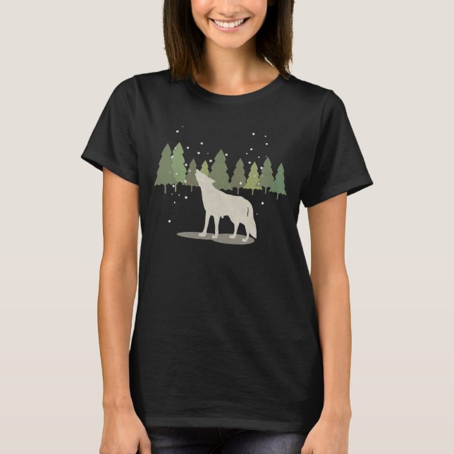 Howling Wolf in Snowing Forest T-Shirt (Front)