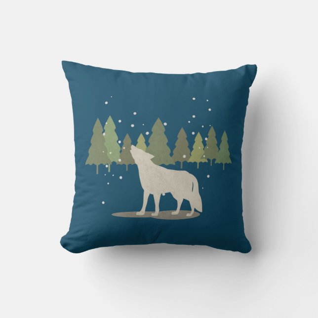 Howling Wolf in Snowing Forest Throw Pillow (Front)