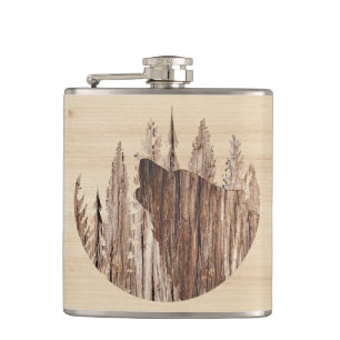 Howling Wolf In Textured Wood Hip Flask