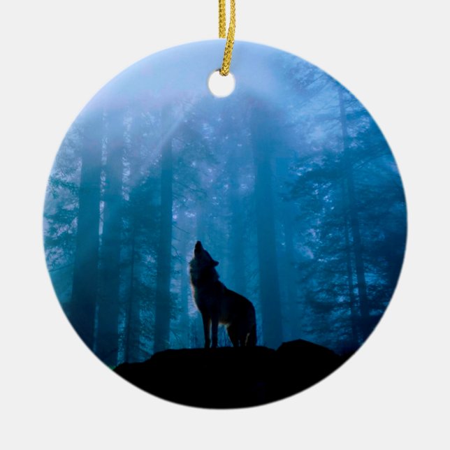 Howling Wolf in Wilderness Ceramic Ornament (Front)