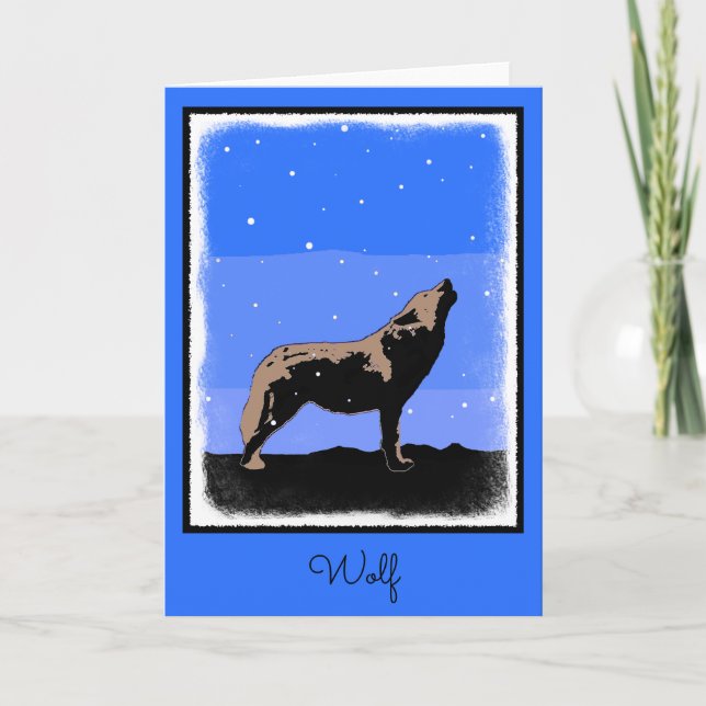 Howling Wolf in Winter  - Original Wildlife Art Holiday Card (Front)