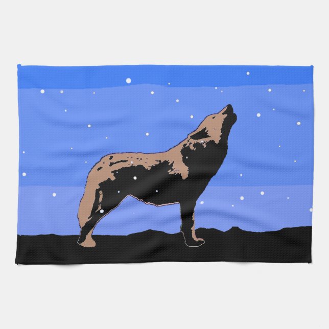 Howling Wolf in Winter  - Original Wildlife Art Kitchen Towel (Horizontal)