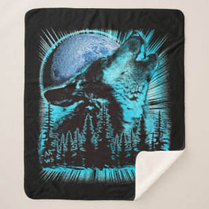 Howling Wolf Moon Pine Forest Sherpa Blanket