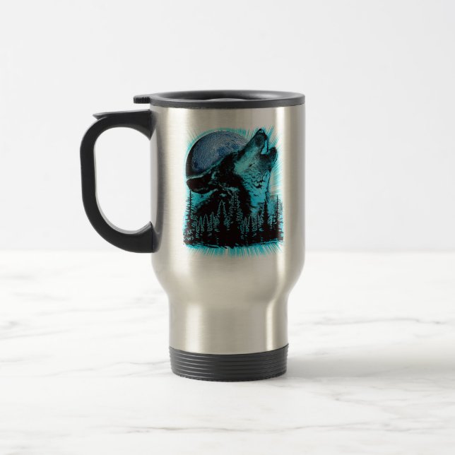 Howling Wolf Moon Pine Forest Travel Mug (Left)