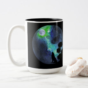 Howling Wolf Moonlight–Mystical Forest Night Water Two-Tone Coffee Mug