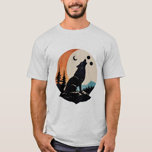 Howling Wolf Or Cat Silhouette With Moon Grey Tee (Front)