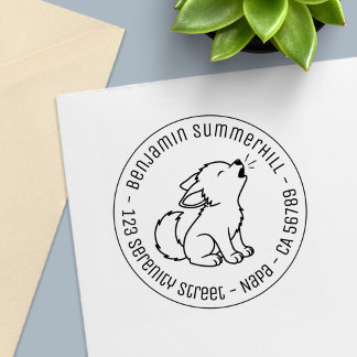 Howling Wolf Pup Round Address Self-inking Stamp