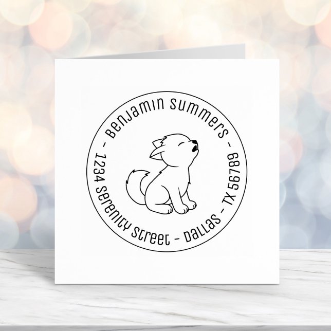 Howling Wolf Pup Round Address Self-inking Stamp (Creator Uploaded)