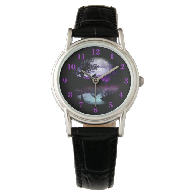 Howling Wolf Purple Grey Sky Water Scene Watch (Front)