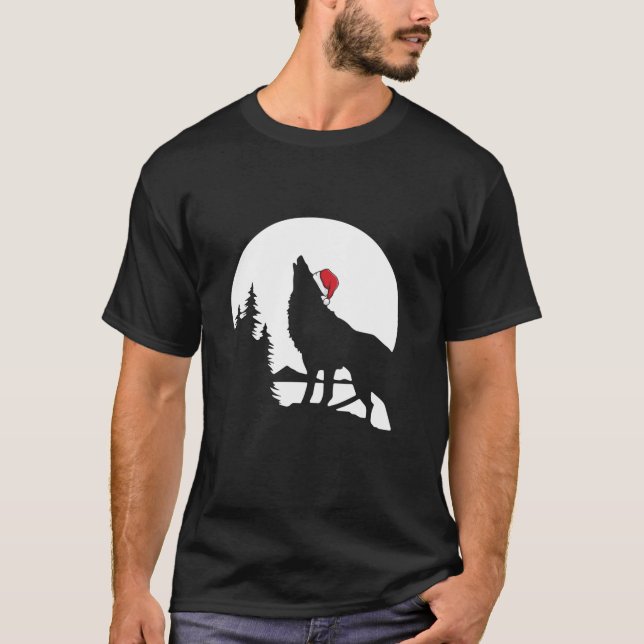 Howling Wolf Santa Hat Christmas Pajama Cool Moon  T-Shirt (Front)