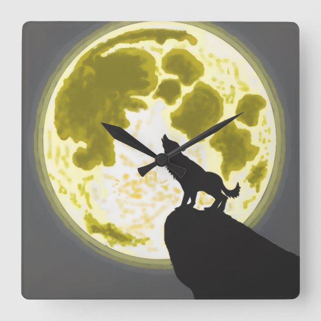 howling wolf square wall clock (Front)
