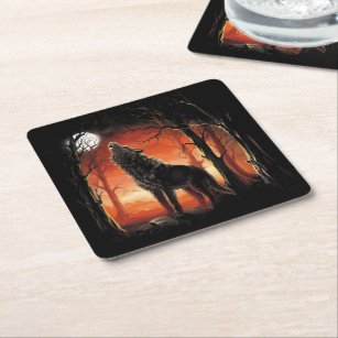 Howling Wolf Sunset Square Paper Coaster