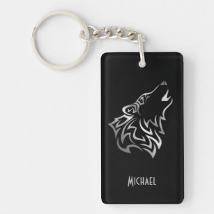 Howling Wolf Tribal Silver Black Monogram Vector Keychain