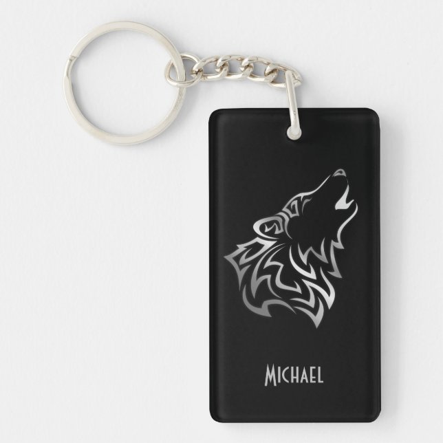 Howling Wolf Tribal Silver Black Monogram Vector Keychain (Front)