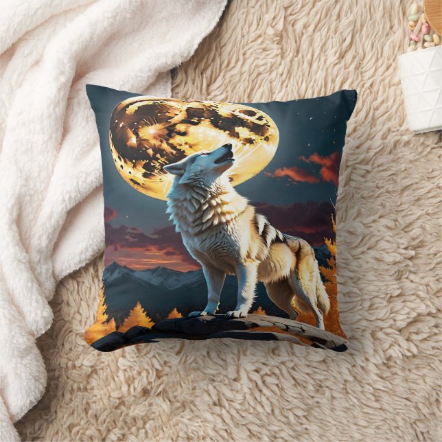 Howling Wolf Under a Full Moon at Dusk Throw Pillow (Blanket)