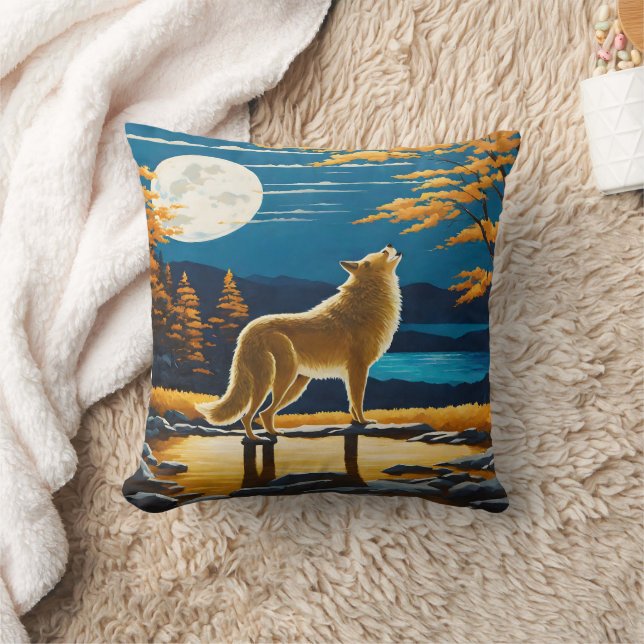 Howling Wolf Under a Full Moon.  Throw Pillow (Blanket)