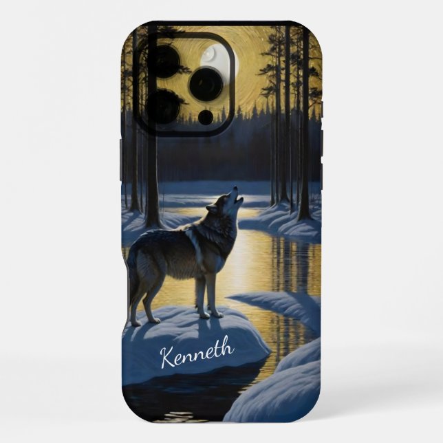 Howling Wolf Under Full Moon by Frozen River iPhone Case (Back)