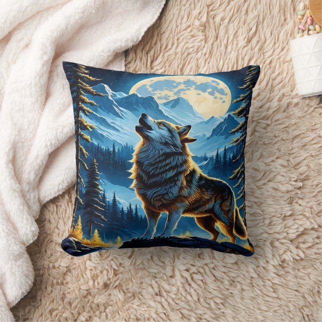 Howling Wolf Under Full Moon in Mountain Landscape Throw Pillow (Blanket)