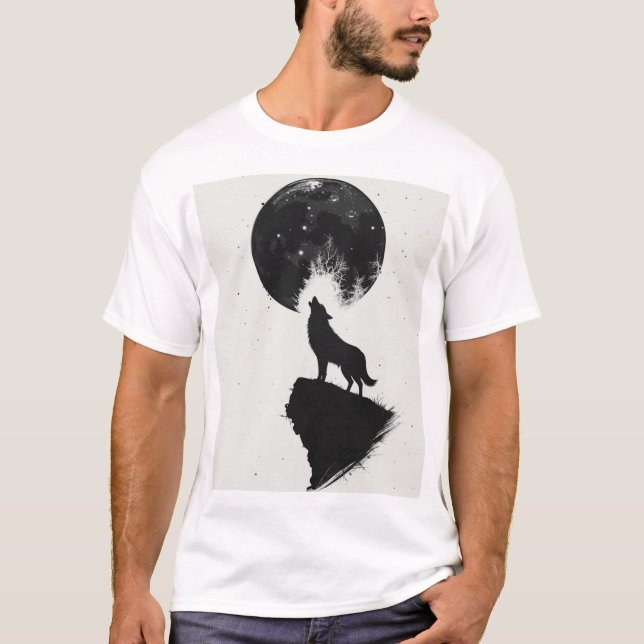 Howling Wolf Under Full Moon – Minimalist T-Shirt  (Front)