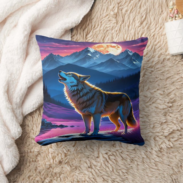 Howling Wolf Under Full Moon Over Mountains Throw Pillow (Blanket)