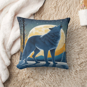 Howling Wolf Under Full Moon. Throw Pillow