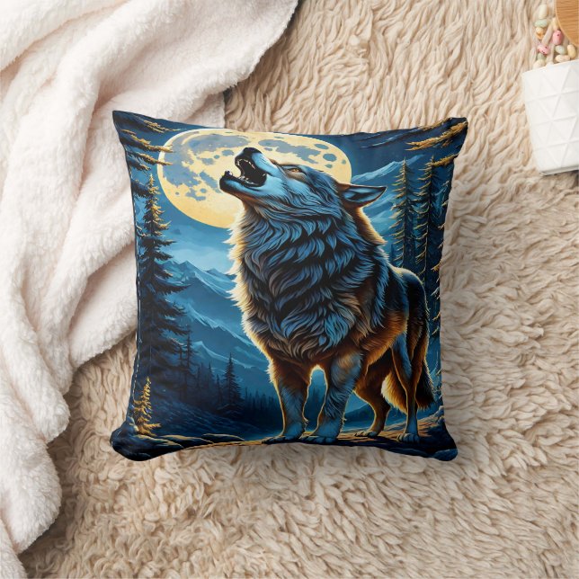 Howling Wolf Under Full Moon.  Throw Pillow (Blanket)