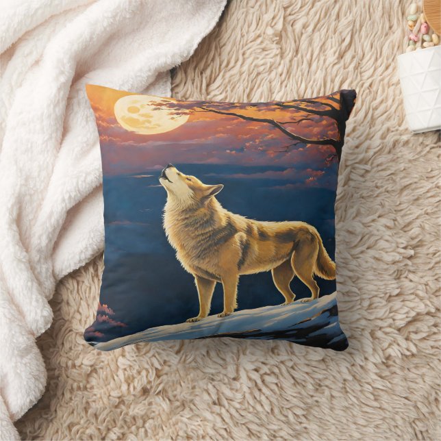 Howling Wolf Under Moonlit Sky at Dusk Throw Pillow (Blanket)