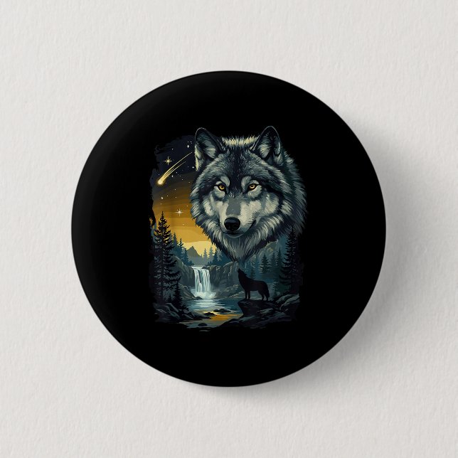 Howling Wolf Waterfall Scene For Nature Lovers And 2 Inch Round Button (Front)