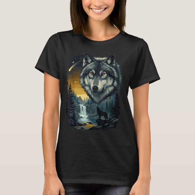 Howling Wolf Waterfall Scene For Nature Lovers And T-Shirt (Front)