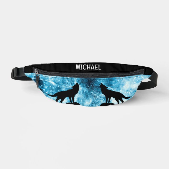 Howling Wolf Winter snowy blue black Custom name  Fanny Pack (Front)