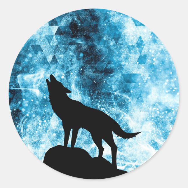 Howling Wolf Winter snowy blue smoke Abstract Classic Round Sticker (Front)