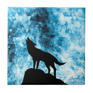 Howling Wolf Winter snowy blue smoke Abstract Tile
